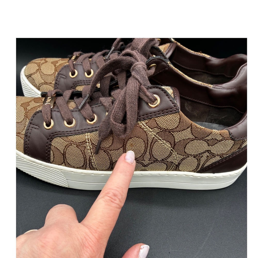Coach Paddy Womens Signature Monogram Canvas Sneakers Khaki Mahogany Brown 9B - Picture 6 of 12